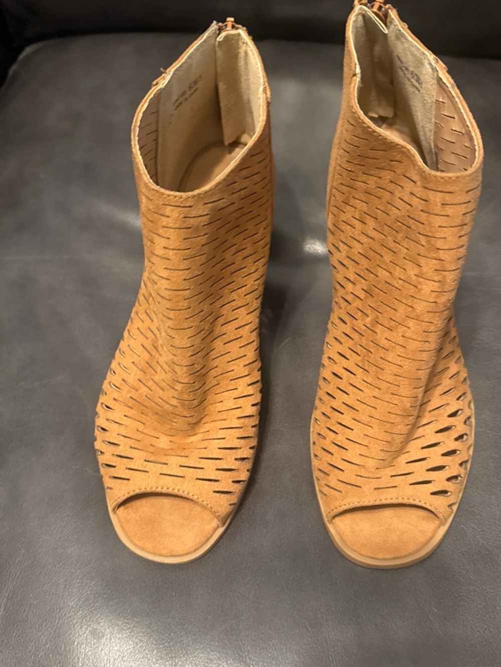 CL by Chinese Laundry Tan Suede Peep-Toe Perforated Ankle Booties